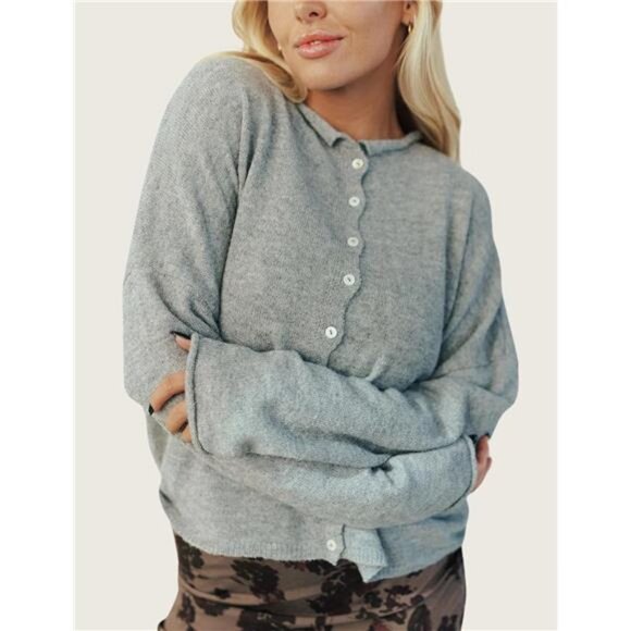 Women's Crew Neck Casual Cardigan Sweater Light Grey - Picture 2 of 5